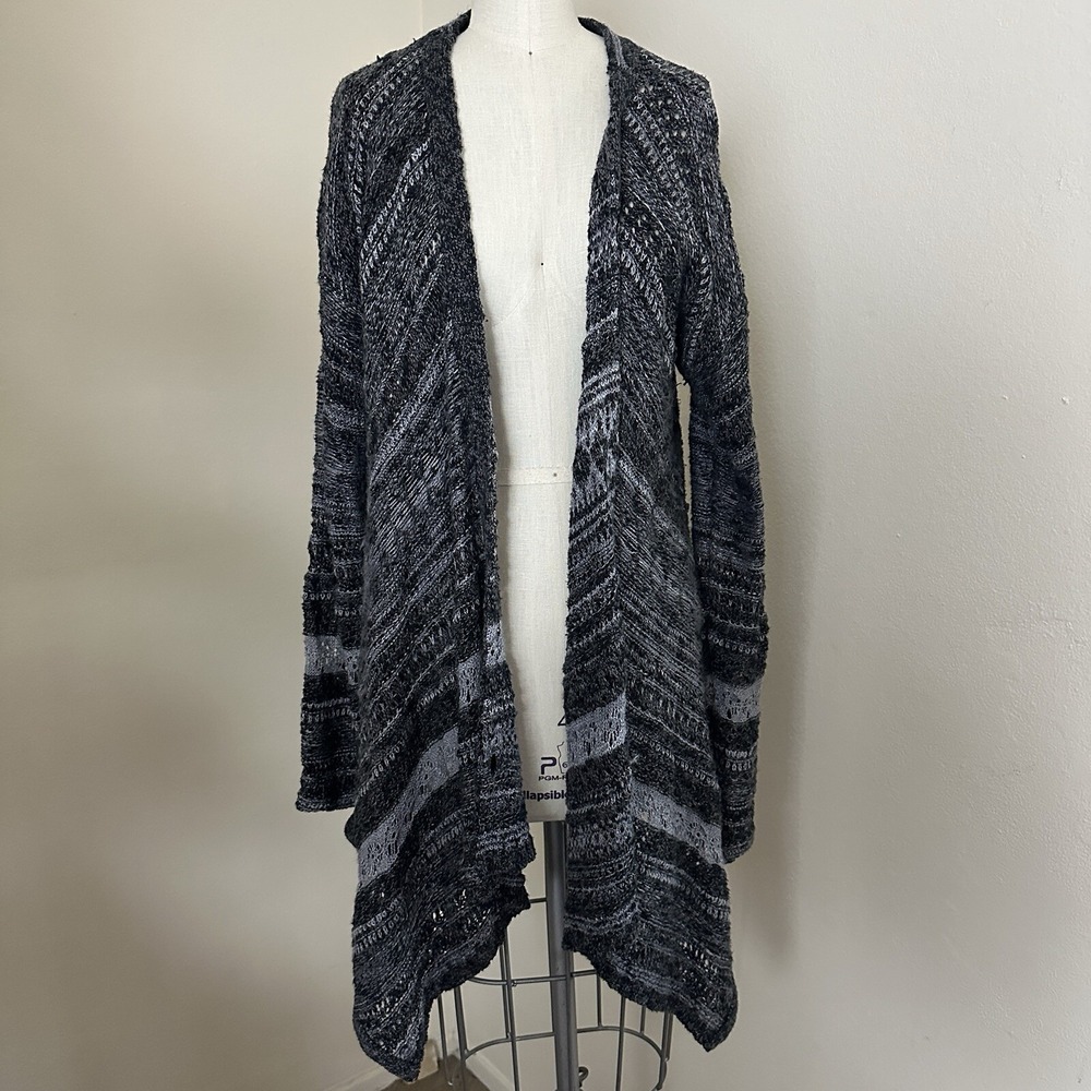 Free People Cardigan S/M? Gray Black Striped Open Front Chunky Knit Longline